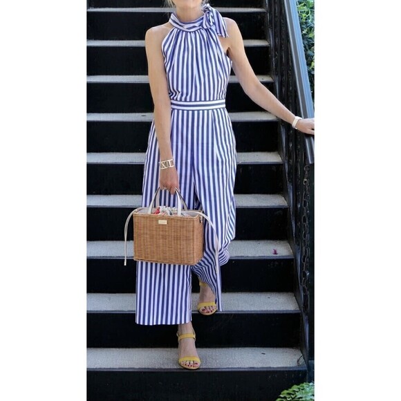 𝅺J Crew Jumpsuit Wide Leg Striped Halter Bow One Piece Blue White Size 0 - Picture 1 of 11